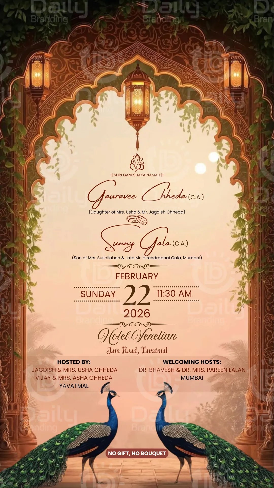 Royal Indian Engagement Invitation | Mughal Arch Gold Theme with Peacock & Ganesha | DBI - 13 