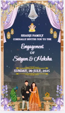 Indian Engagement Ceremony Invitation | Moonlight Royal Palace Night Sky Couple Illustration Theme | DBI-02